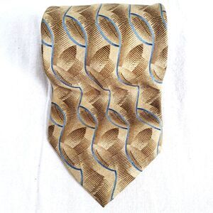 Geoffrey Beene Brown Silk Tie - Geometric Pattern Blue Accents Vintage Short